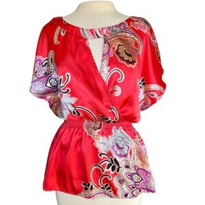 2000s Women’s Red Satin Batwing Sleeve Paisley Blouse Sz M